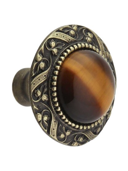 Victorian Cabinet Knob Inset with Tiger Eye - 1 5/16 inch Diameter in Antique Brass.